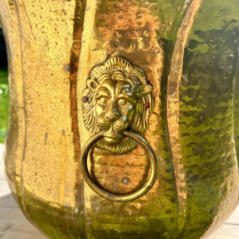 Large Vintage Brass Double Lion Head Planter